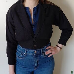 Cropped Black Women's Blazer with Snap-Button Accents